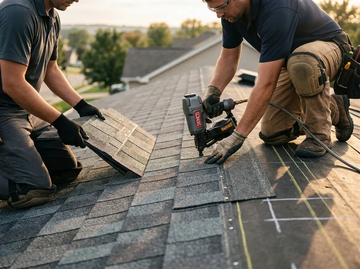 Professional roofer working on a residential roof in Kernersville